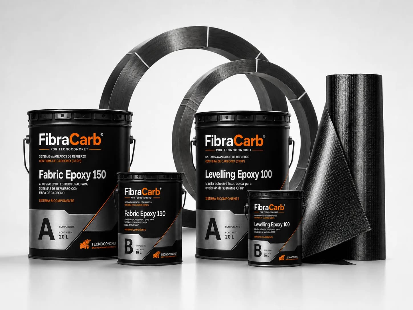 Grupo de productos FibraCarb: adhesivos epóxicos, tejidos y láminas de fibra de carbono