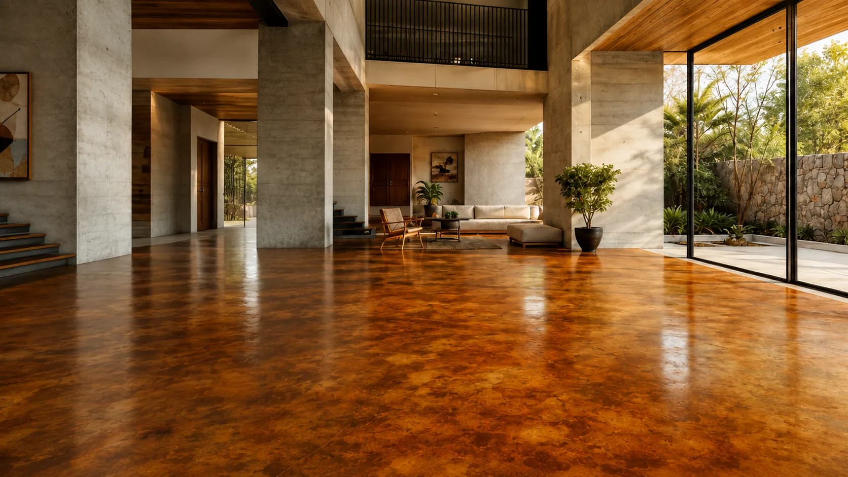 Interior con piso ChlorStain en tono marmoleado