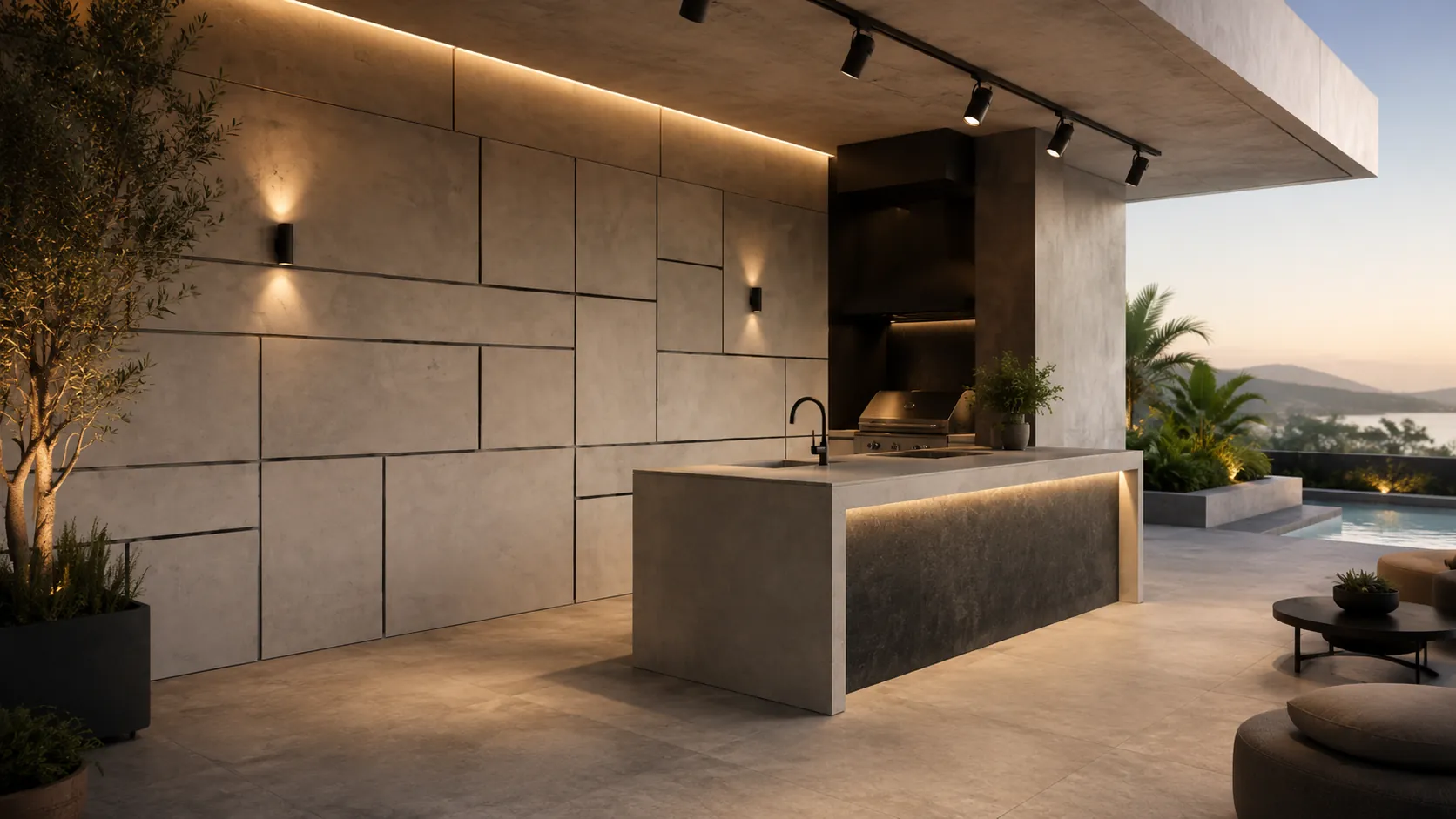 Cocina exterior con acabado continuo Microcrete Pro en muros e isla